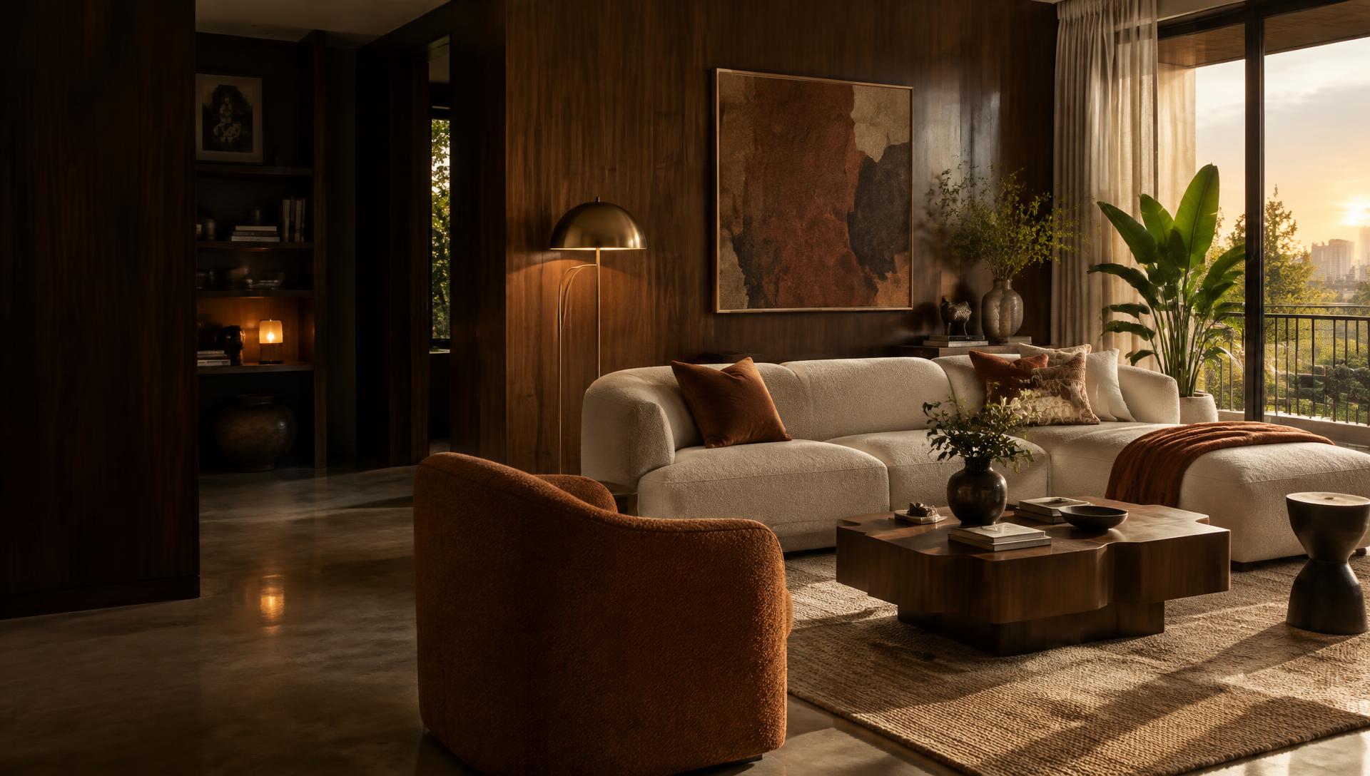 Warm contemporary Indian living room with walnut panelling and a cream sofa at golden hour